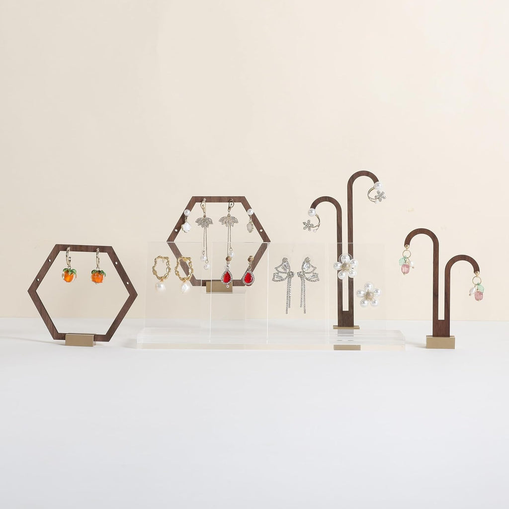 GemeShou 3pcs Wooden stud earring organizer holder, walnut earring hangers with brass base, Small Cute earring display for selling with 9 holes for each【Hexagon frame-3pcs】