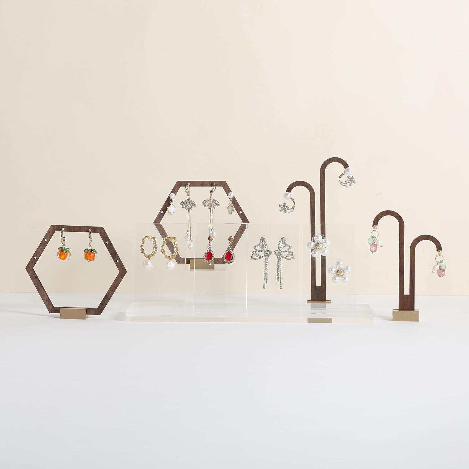 GemeShou 3pcs Wooden stud earring organizer holder, walnut earring hangers with brass base, Small Cute earring display for selling with 9 holes for each【Hexagon frame-3pcs】