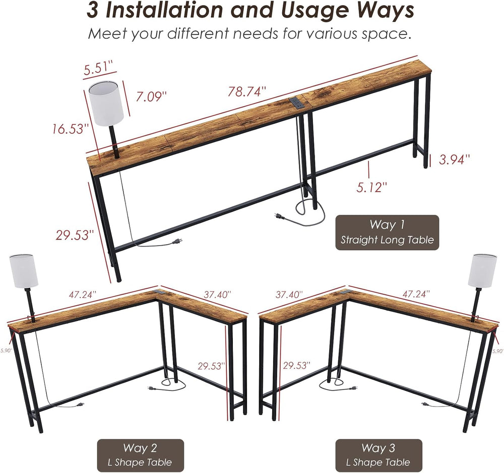 X-cosrack 78.8" Long Narrow Sofa Table with Outlet & LED Bulb, L Sha...