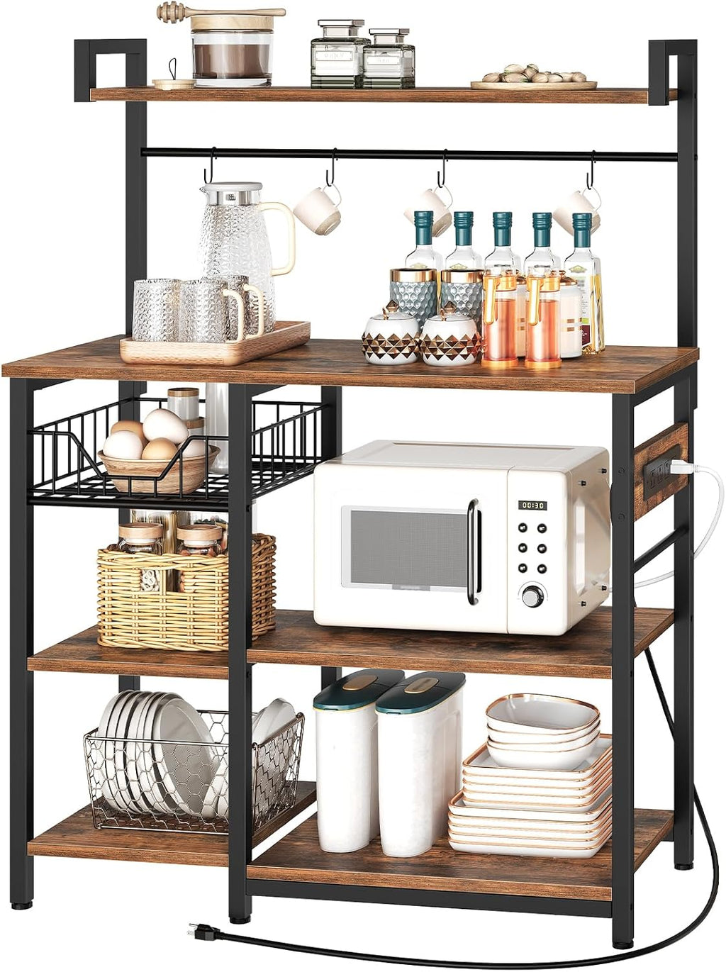 HOOBRO Bakers Rack with Power Outlet, 35.4 Inches Coffee Bar with Mesh Basket, Microwave Stand with 4 S-Shaped Hooks, Kitchen Bakers Rack with Storage, Easy to Assemble, Rustic Brown BF05HB01