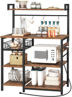 HOOBRO Bakers Rack with Power Outlet, 35.4 Inches Coffee Bar with Mesh Basket, Microwave Stand with 4 S-Shaped Hooks, Kitchen Bakers Rack with Storage, Easy to Assemble, Rustic Brown BF05HB01