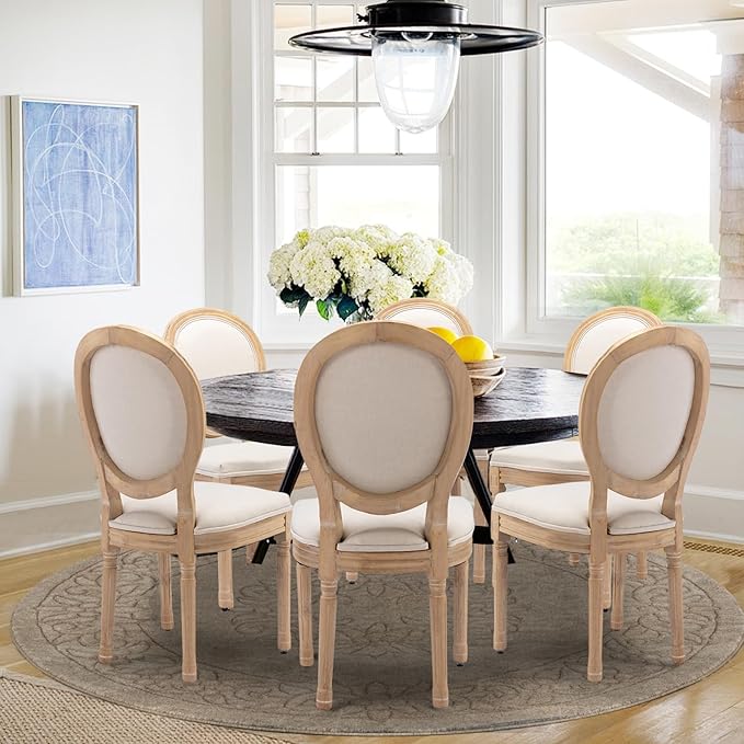 Upholstered Dining Chairs Set of 6 French Country Oval Fabric Back Kitchen Side Chair with Wood Legs for Dining Room, Kitchen, Restaurant(Beige-Fabric)