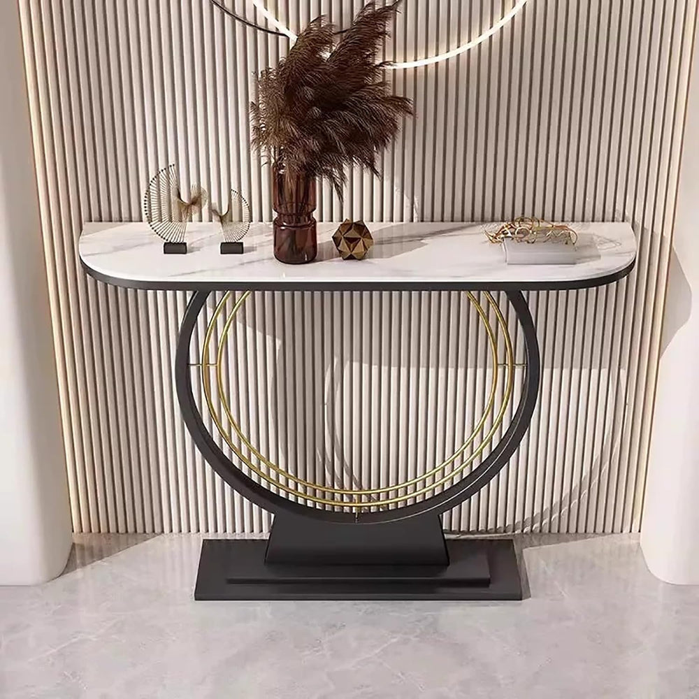 Console Sofa Table with Rock Panel, Contemporary Accent Table with Metal Fram...