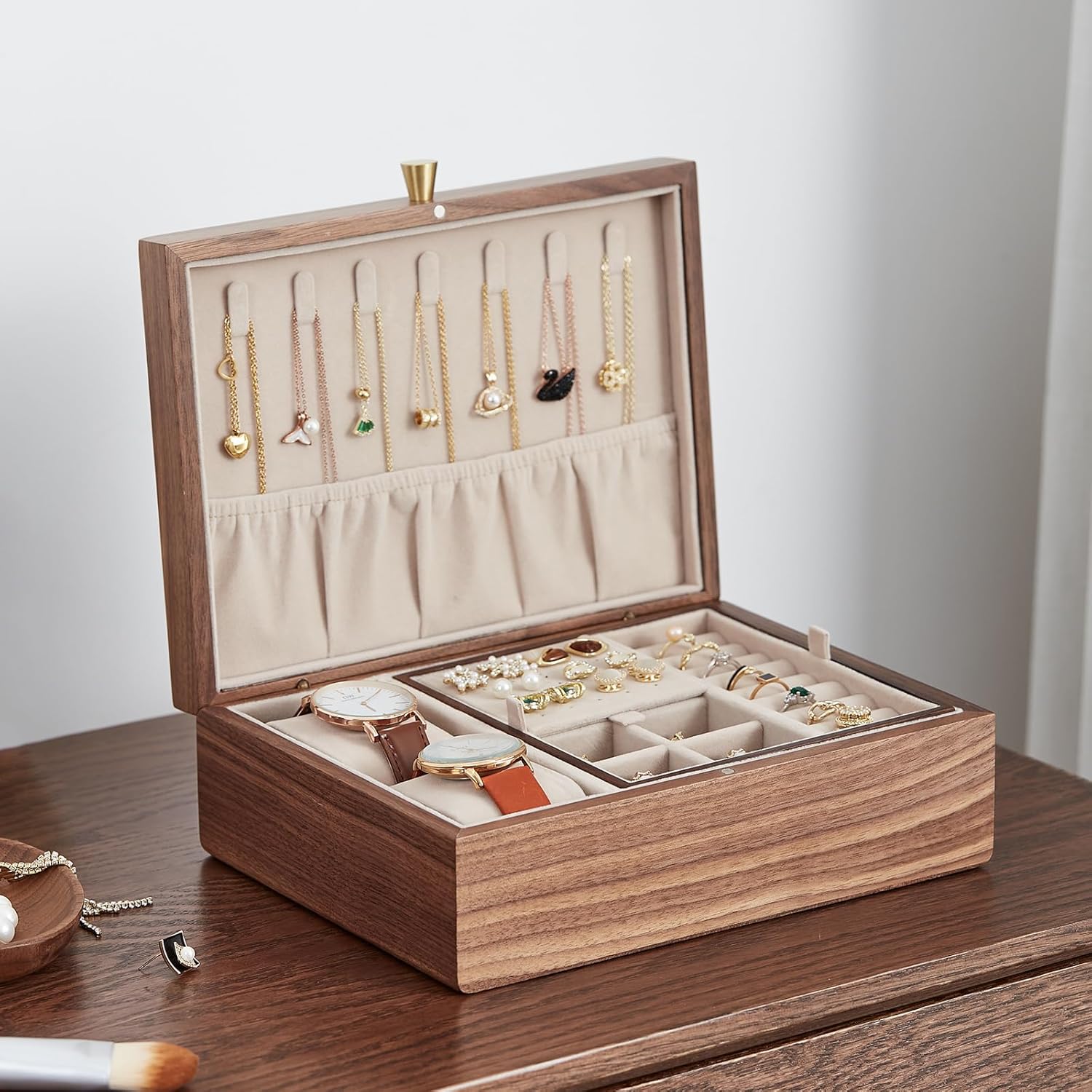 Black Walnut Wooden Jewelry Box for Women 2 Layer Jewelry Organizer with Removable Tray for Watches Rings Earrings Necklace Bracelets Birthday Christmas Gifts