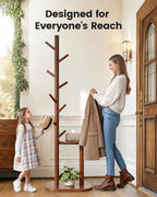 Pipishell Coat Rack, Freestanding Hall Tree with 8 Hooks & Storage Shelf, Solid Wood Base, 66.3″ Tall Coat Rack Stand for Coats, Hats, Bag in Entryway, Bedroom, Living Room, Brown