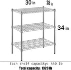 18" Deep x 30" Wide x 34" Height Wire Shelving Kit | 3-Tier | NSF Commercial Storage Rack Unit