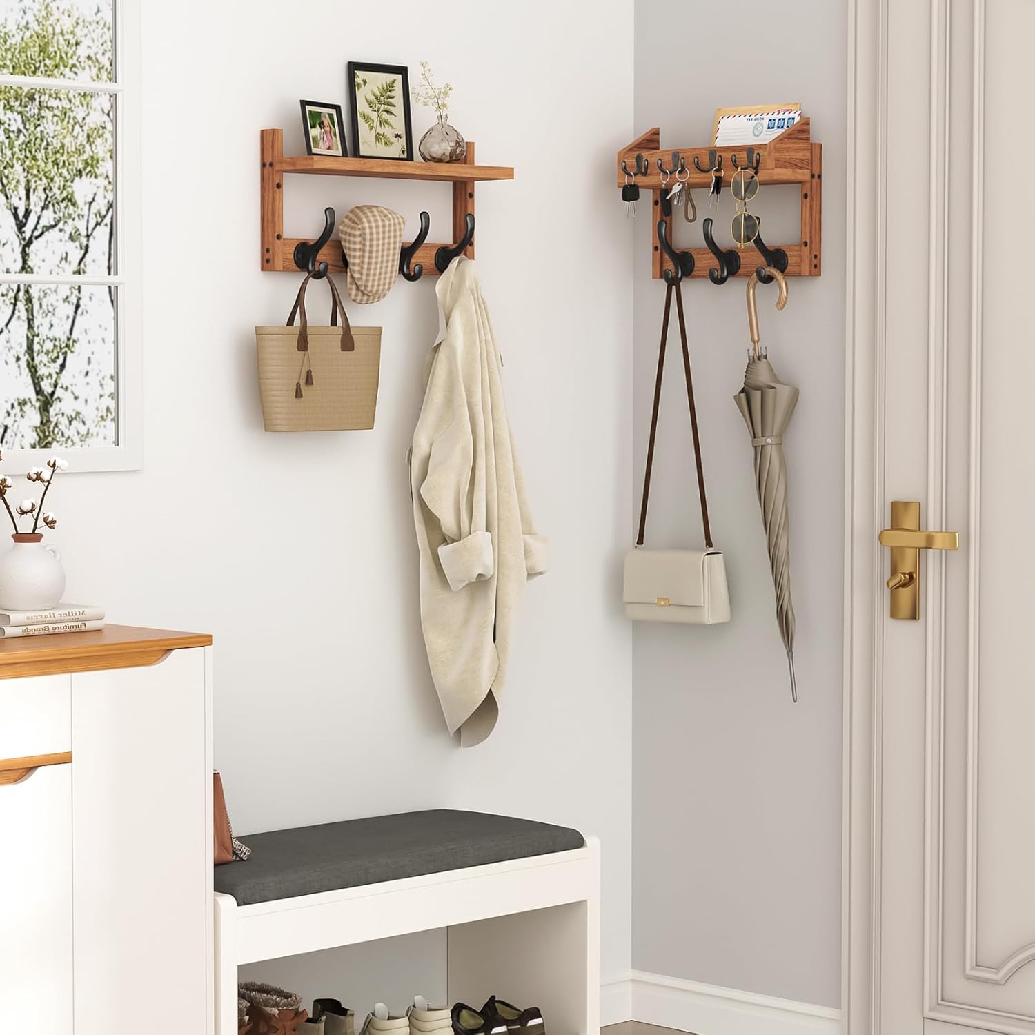 Evermagin 29" Coat Rack Wall Mount with Shelf, 4 in 1 Wall Mounted Coat and Key Hanger with 11 Hooks, Entryway Key Holder with Mail Holder for Living Room, Bedroom