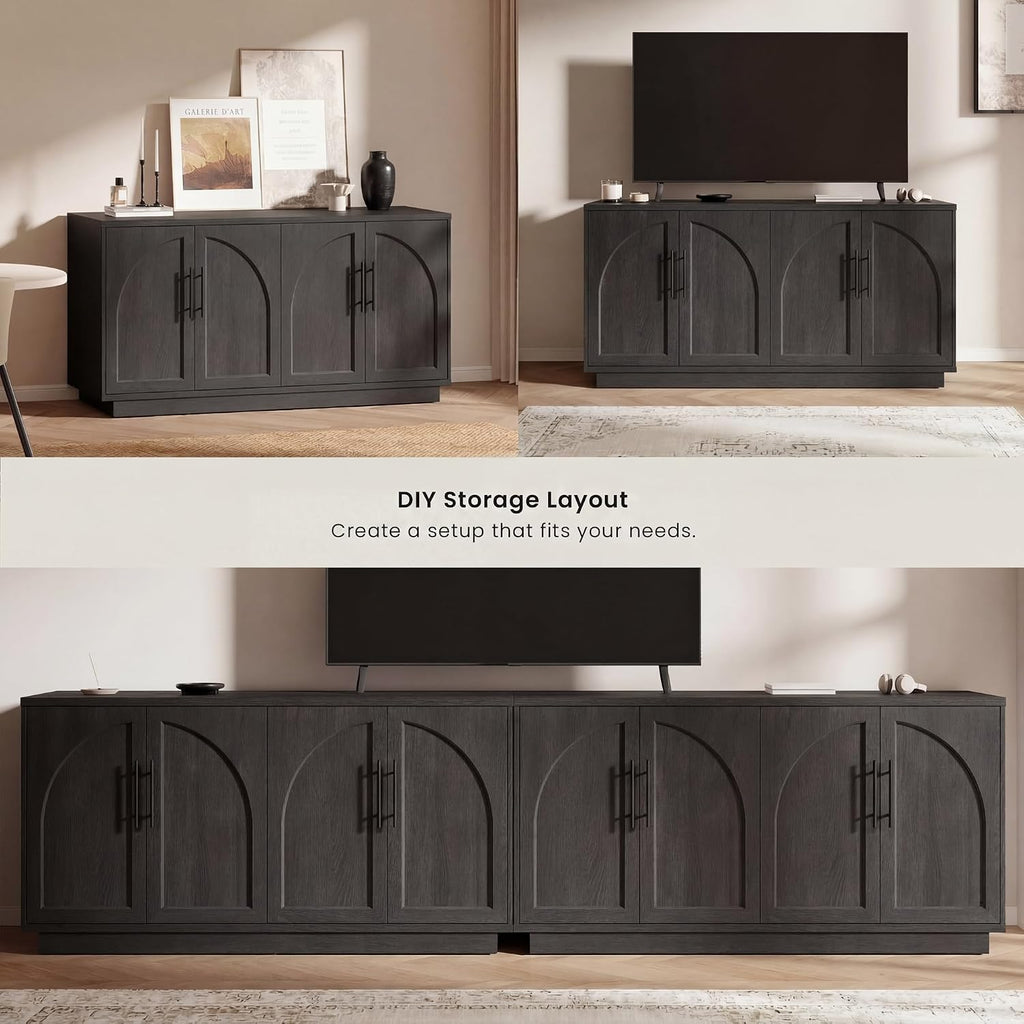Fatmok 59" Buffet Cabinet with Arched Doors, Sideboard Storage Cabinet with Adjustable Shelves for Kitchen, Living Room, Black Grey