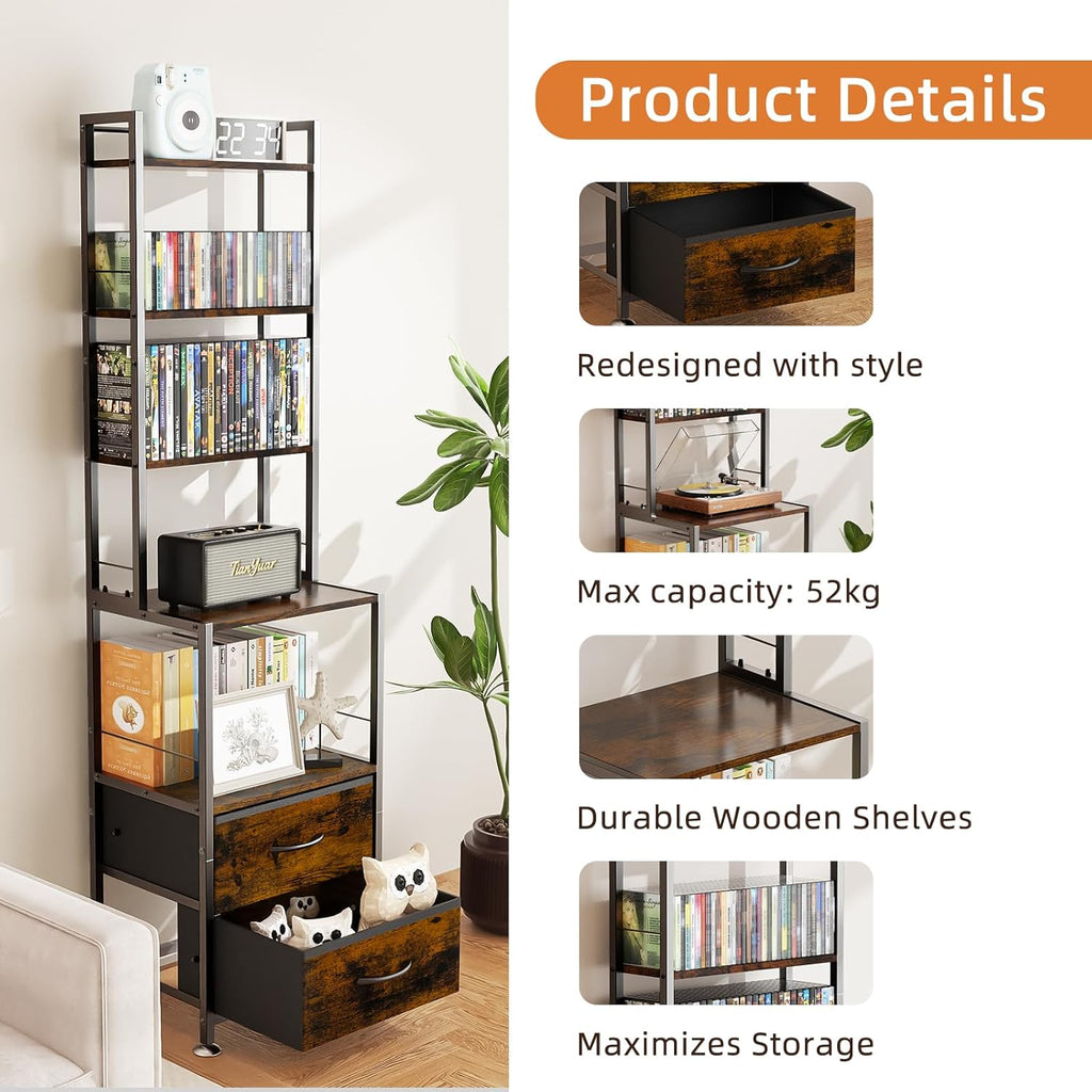 CD Rack and Storage with Two Drawers, 7-Tier DVD Shelf and Rack, CD Storage Tower and Holder for DVDs, Books and Media Games, Movie Collection and Decor, Ideal for Living Room, Home