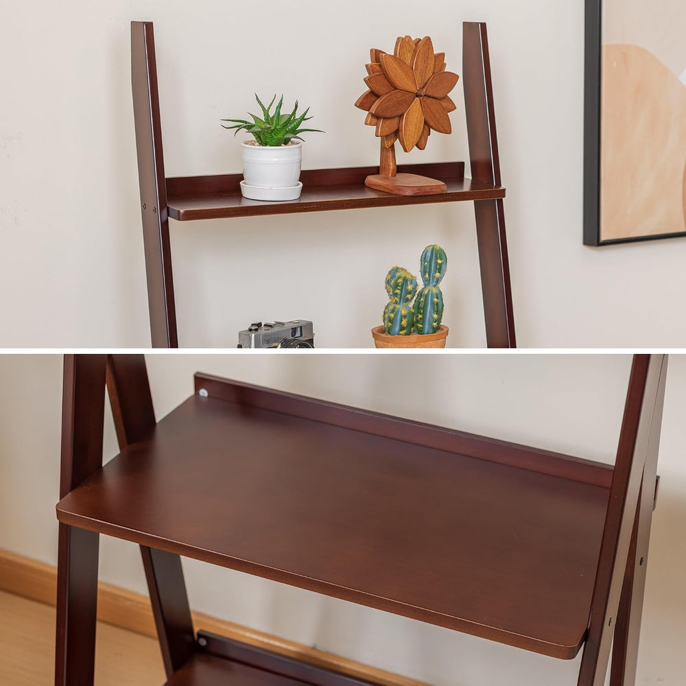 DOUSY-5-Tier Ladder Shelf Bookcase, Bamboo Ladder Bookshelf Leaning Book Shel...
