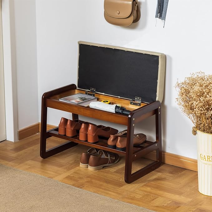 latifolia Solid Wood Bench, Entryway Shoe Bench with Cushion, Flip-Open Stora...
