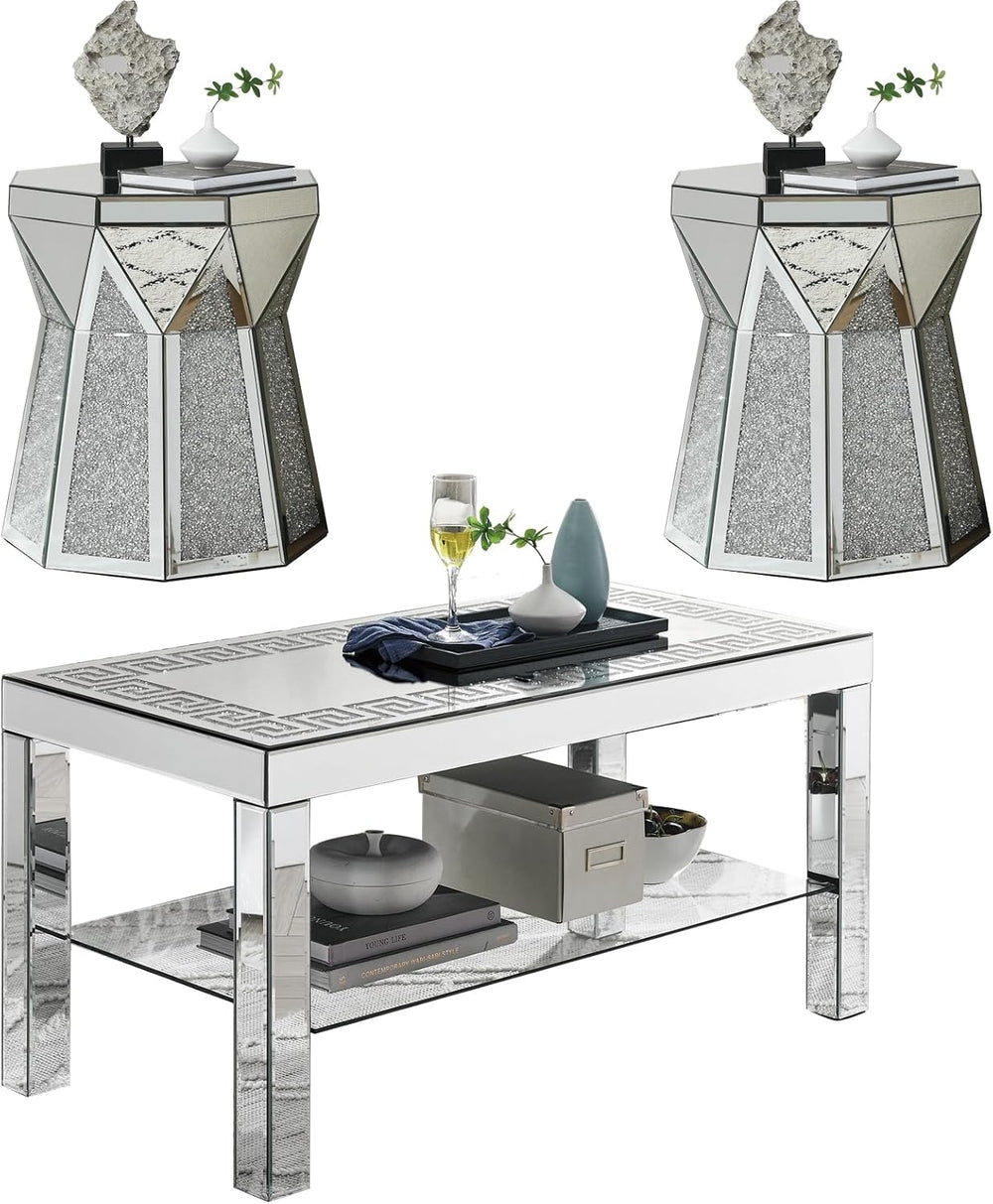 Silver Mirrored 3 Piece Living Room Table Set, Modern 2 Tier Rectangle Center...