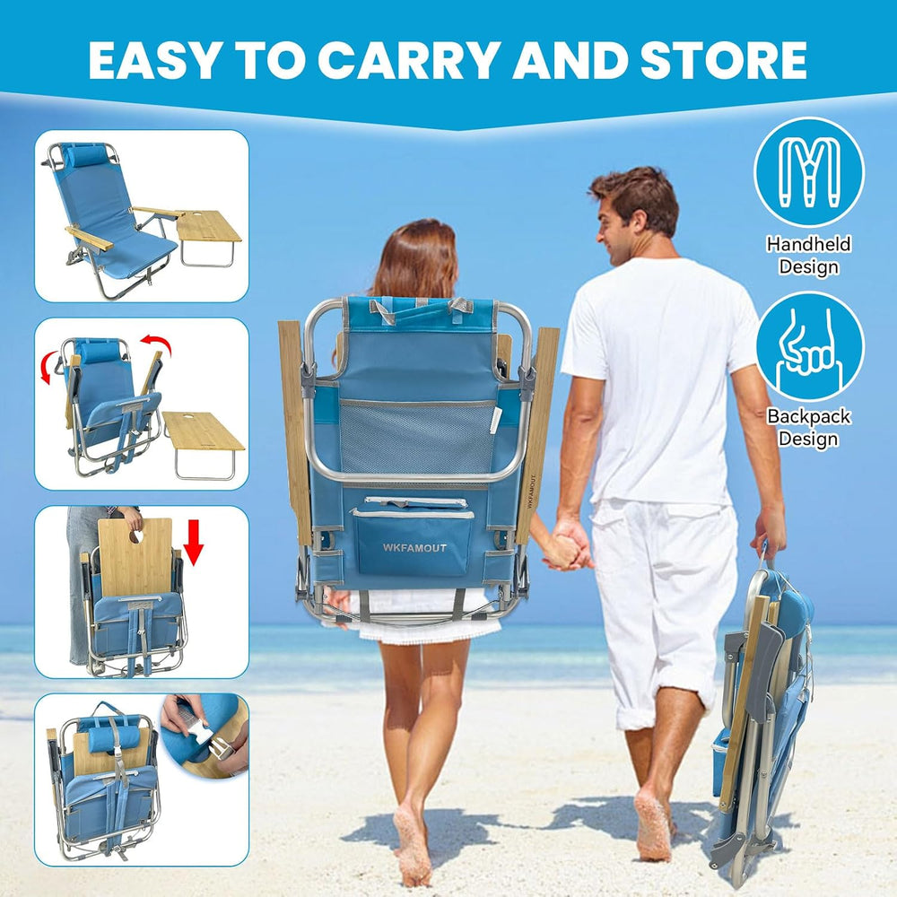 2 Pack Low Backpack Beach Chair with Folding Bamboo Table for Adults, 5-Posit...