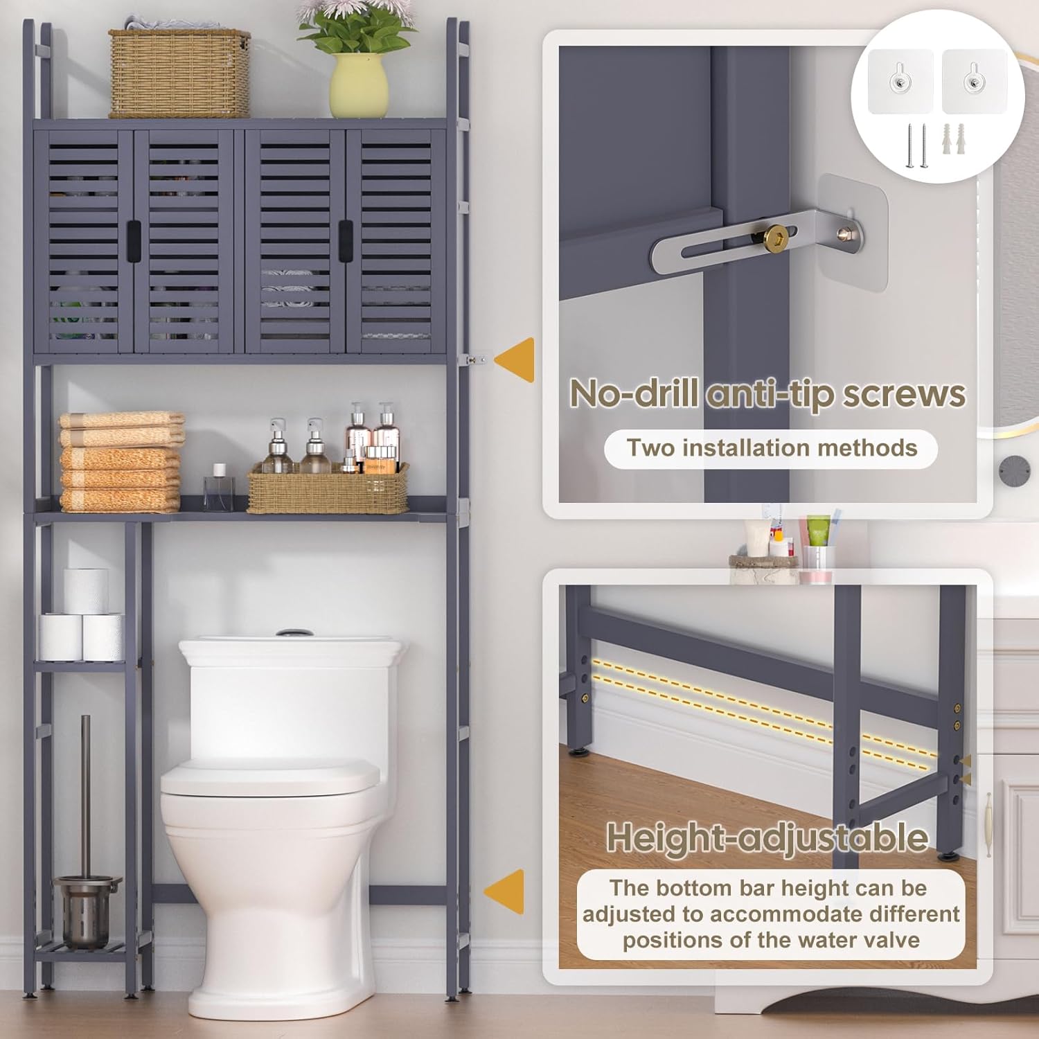 Over The Toilet Storage Cabinet with Paper Holder Stand,Bamboo Bathroom Organizer Shelf with Four Door and Waterproof Feet Pad,Space Saver Rack with Anti-Tip Design (Grey)