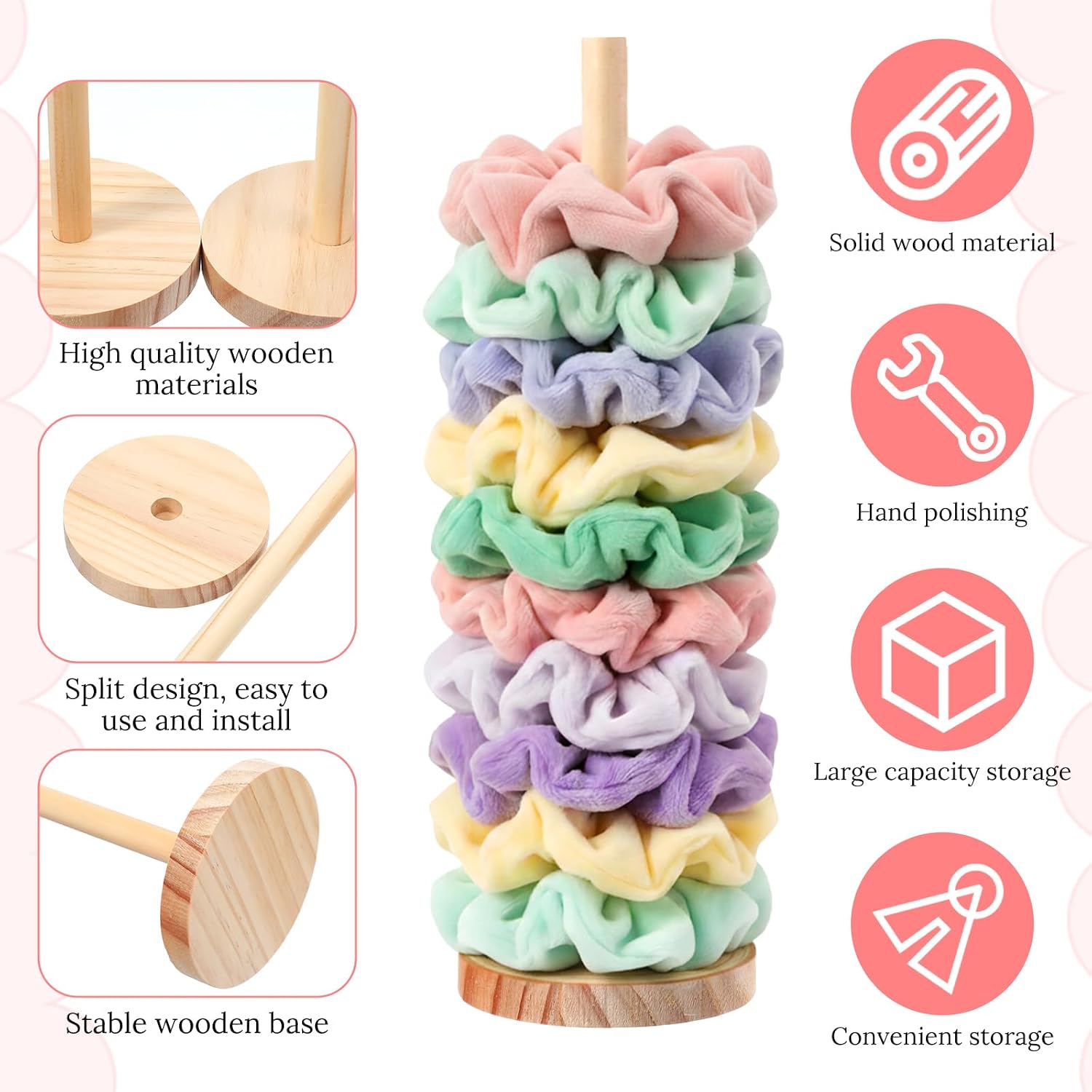 2 Pcs Scrunchie Holder Stand Hair Tie Organizer Vertical 15-20 Scrunchies Hairs Accessories Organizer Display Scrunchy Wood Hair Tie Holder Storage for Women Bathroom Bedroom Decor