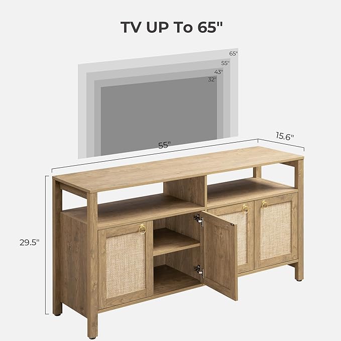 SICOTAS Rattan TV Stand for Television up to 120 Inch - Large Entertainment Center with Storage and Open Shelves, Boho Media TV Console Cabinet with Doors and Adjustable Shelf for Living Room