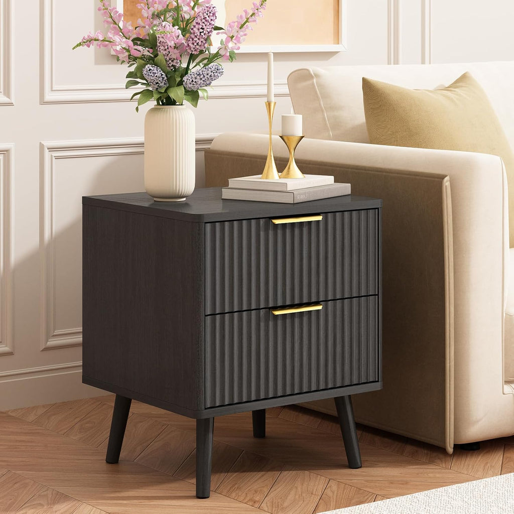 CARPETNAL Fluted Nightstand Set of 2, Black Bedside Table with 2 Drawers and Gold Handles, Wood End Table Mid Century Night Stands for Bedroom Living Room