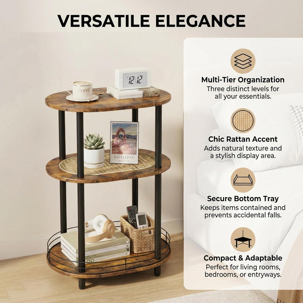 Small Rattan Side Table with Storage, 3 Tier Round/Oval End Table with Rattan...