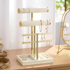 Bracelet Holder Jewelry Organizer Display - 3 Tier T Bar Velvet Stand, Beige Jewelry Storage for Bracelet, Necklaces, Earrings, Rings, Watches