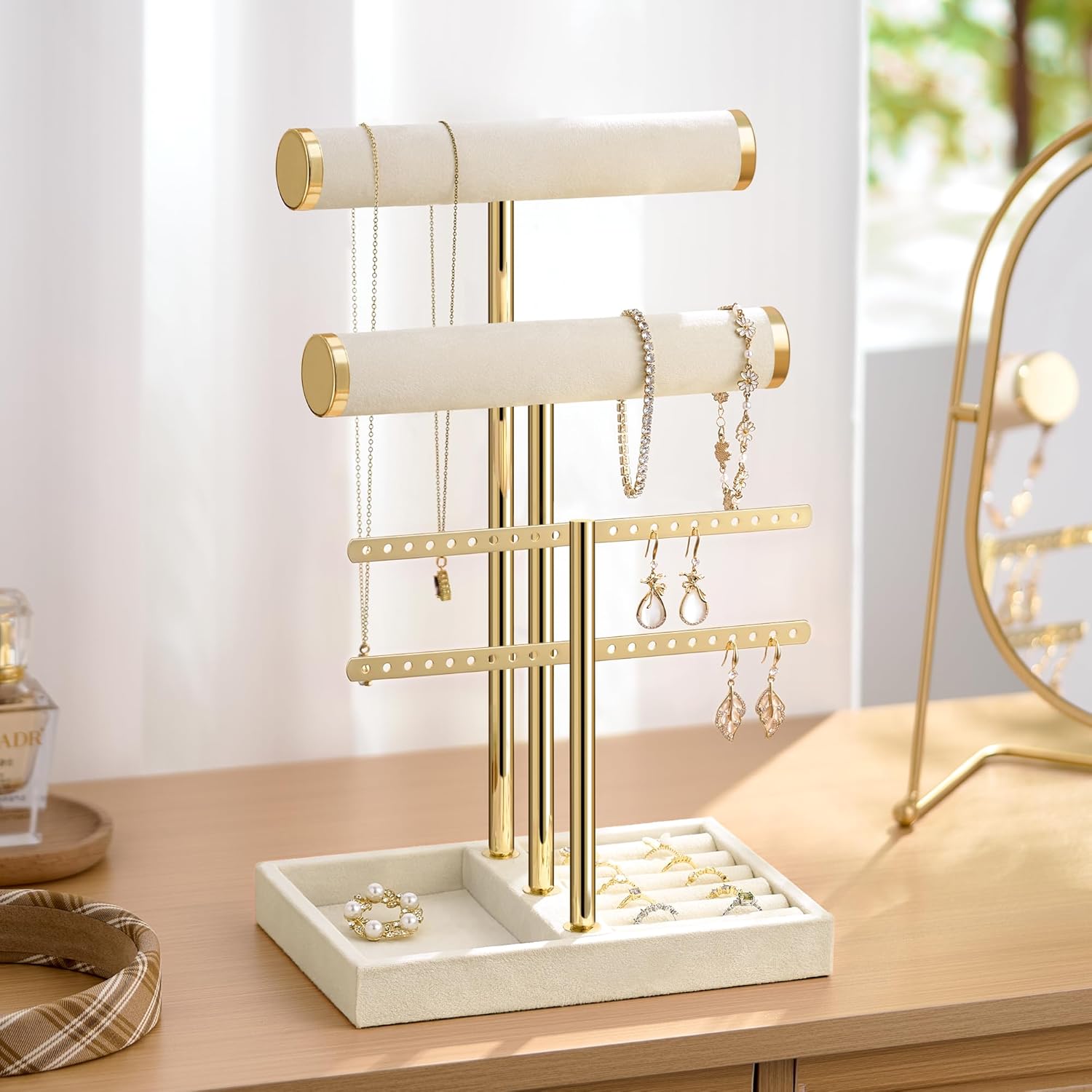 Bracelet Holder Jewelry Organizer Display - 3 Tier T Bar Velvet Stand, Beige Jewelry Storage for Bracelet, Necklaces, Earrings, Rings, Watches