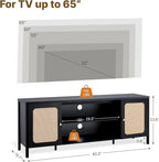 Rattan TV Stand for TVs up to 75'' Boho Entertainment Center with Adjustable Shelf Television Stand with 2 Storage Cabinets Media Console Wooden TV Cabinet for Living Room Bedroom,Black