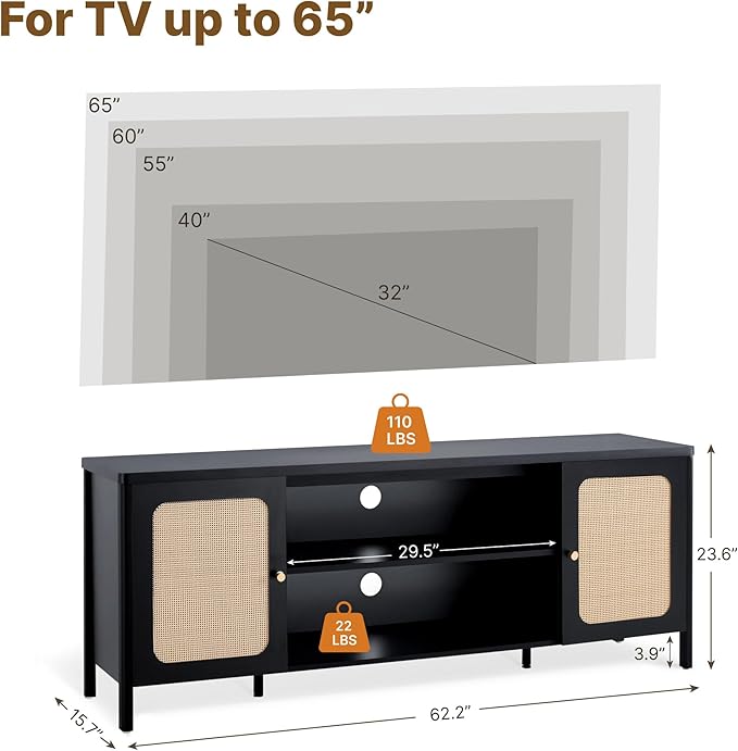 Rattan TV Stand for TVs up to 75'' Boho Entertainment Center with Adjustable Shelf Television Stand with 2 Storage Cabinets Media Console Wooden TV Cabinet for Living Room Bedroom,Black