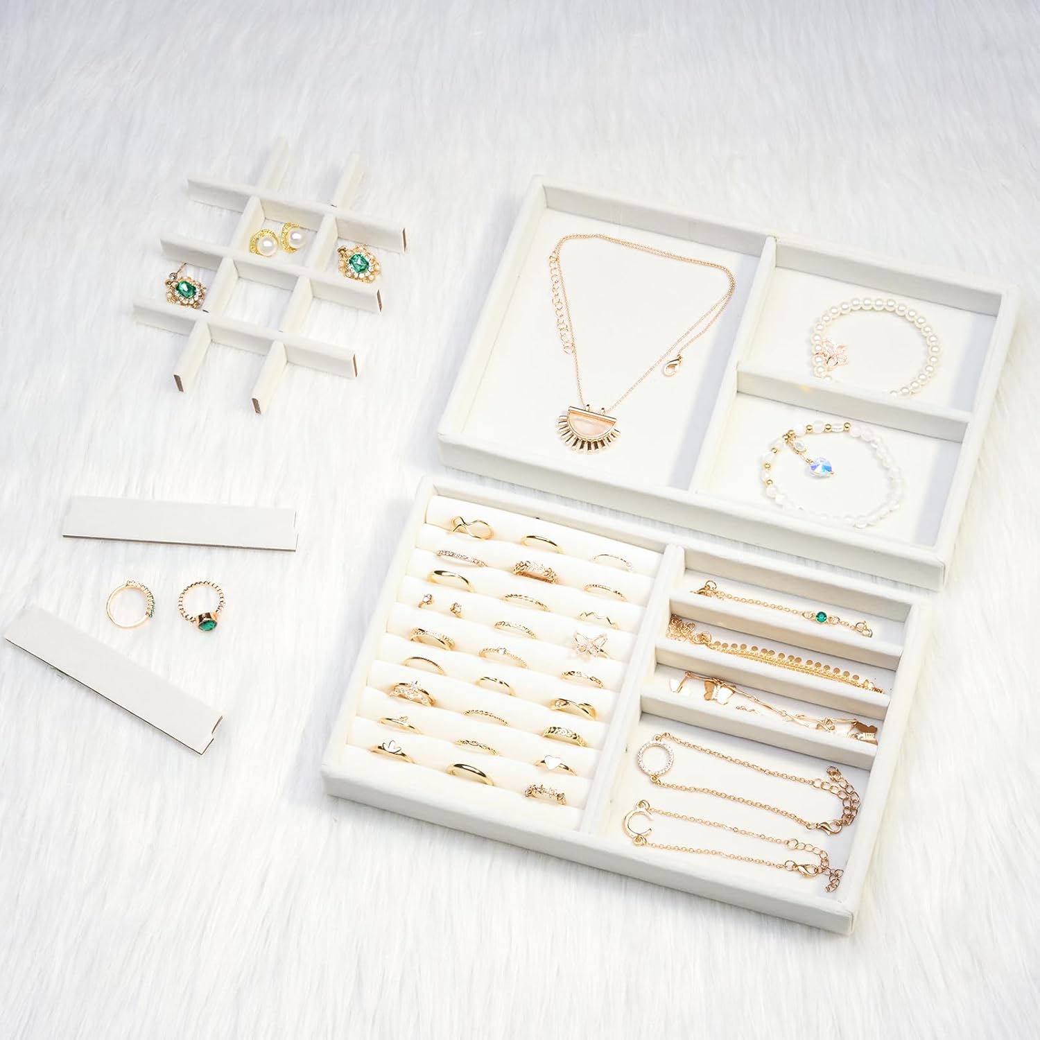 ProCase Stackable Jewelry Organizer Trays for Drawers, Jewelry Drawer Inserts Container Display Case Storage for Earring Necklace Rings Bracelet with Removable Dividers -Warmwhite, 2 Layers