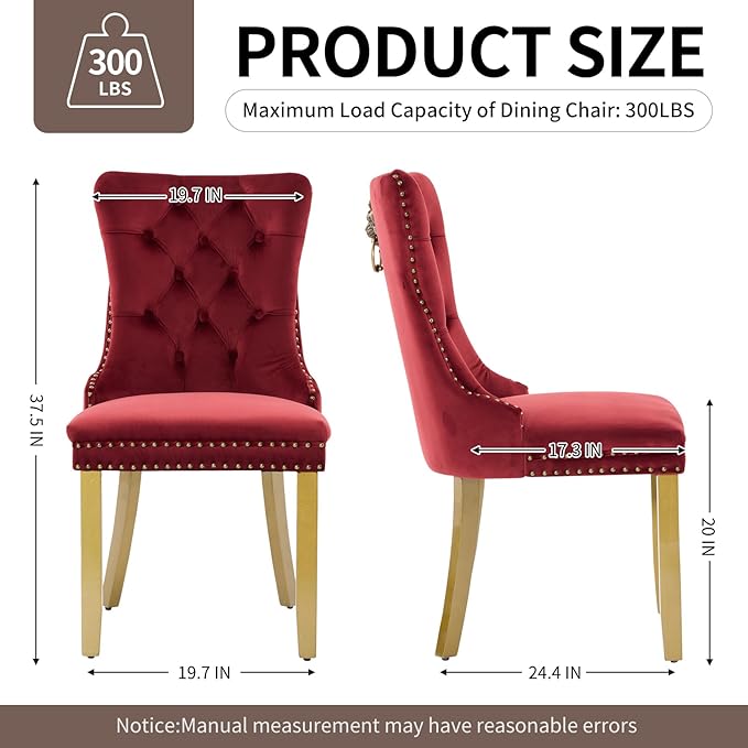 Velvet Dining Chairs Set of 6, Upholstered Dining Room Chairs with Lion Head Pulls Ring and Golden Solid Wood Legs, Modern Button Tufted Kitchen Chairs for Dining Room, Kitchen(Wine Red)