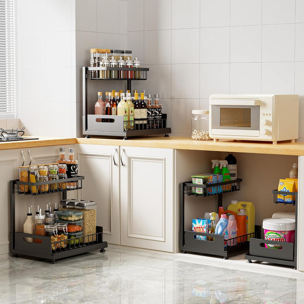 2 Pack Under Sink Organizer Storage 2-Tier Premium Metal Pull-Out Racks, Height Adjustable, Easy Installation | Kitchen & Bathroom Organizers