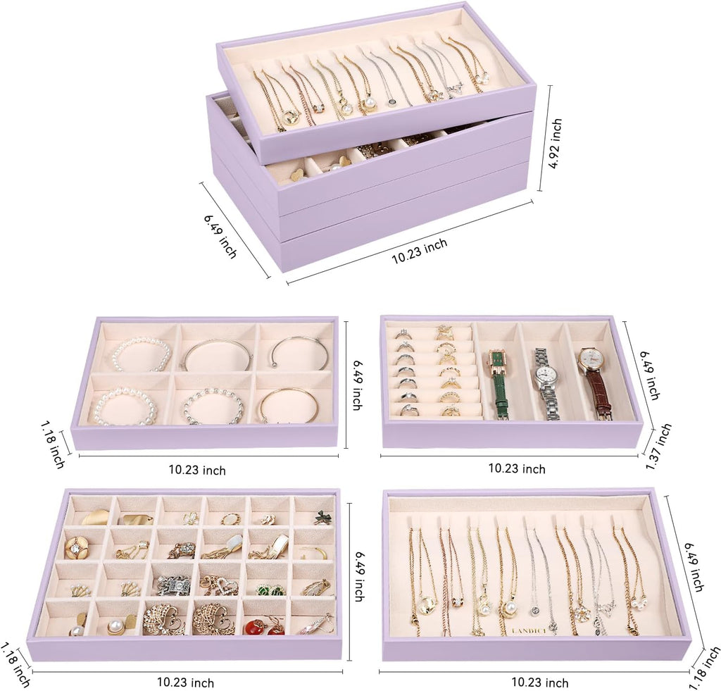 LANDICI Stackable Jewelry Organizer Trays 4 Set,PU Leather Jewelry Organizer Drawer,Jewelry Storage Display Tray for Earring Necklace Rings Bracelet with Removable Dividers,Lavender
