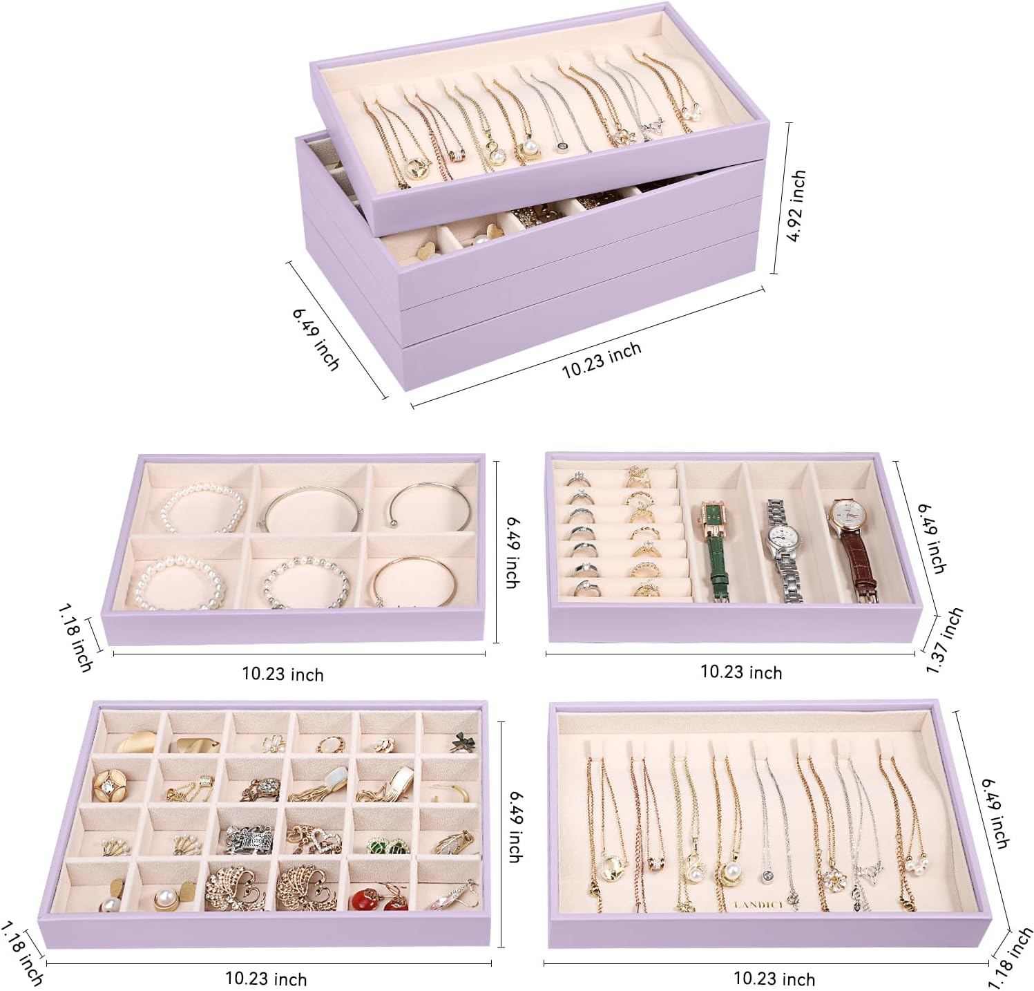LANDICI Stackable Jewelry Organizer Trays 4 Set,PU Leather Jewelry Organizer Drawer,Jewelry Storage Display Tray for Earring Necklace Rings Bracelet with Removable Dividers,Lavender