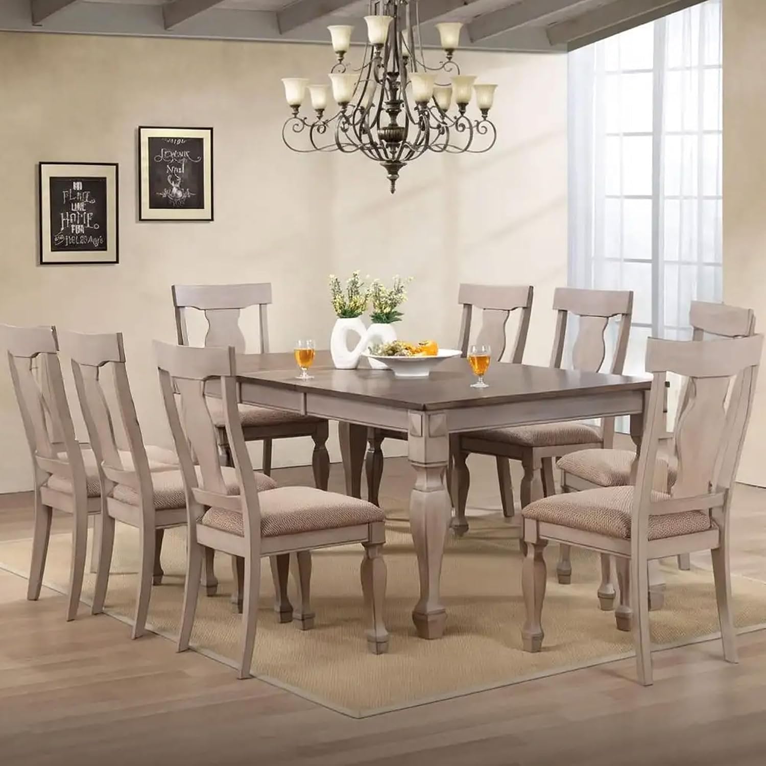 Kings Brand Furniture Charisma 9-Piece Dining Room Set – 2-Tone Brown Solid Wood Extendable Table with 18" Butterfly Leaf and 8 Upholstered Chairs, Traditional Dining Furniture