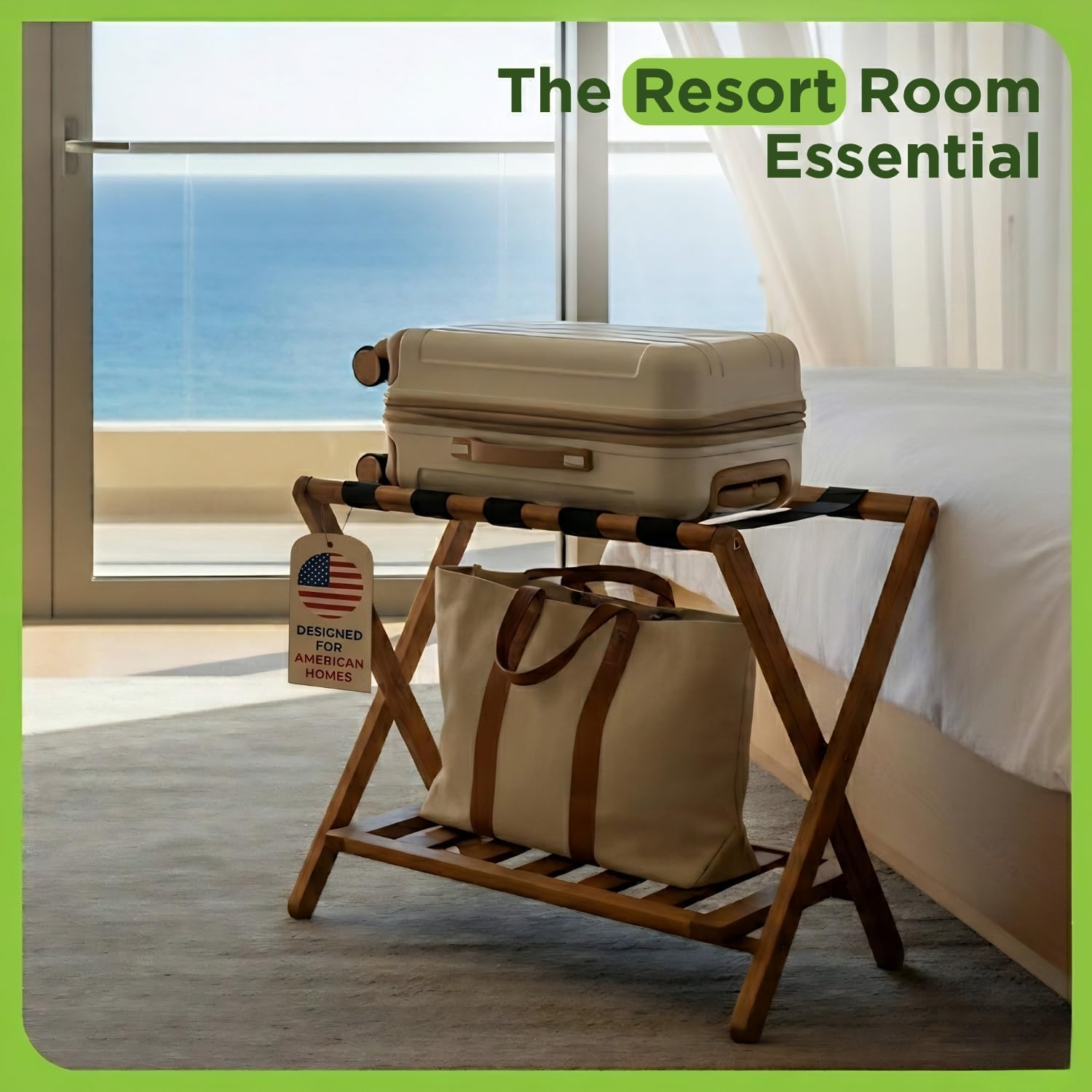 Set of 2 Premium Solid Teak Wood Luggage Racks with Shelf, 25" Foldable Suitcase Stands for Hotel, Airbnb & Resort | Heavy-Duty Hardwood Build, Holds 176 lbs Each, Reinforced Woven Straps