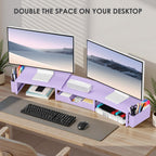 OPNICE Purple Desk Organizers and Accessories, Dual Computer Monitor Stand Riser with Drawer and 2 Pen Holders, Office Desk Accessories, Workspace Desktop Organization for Office Supplies