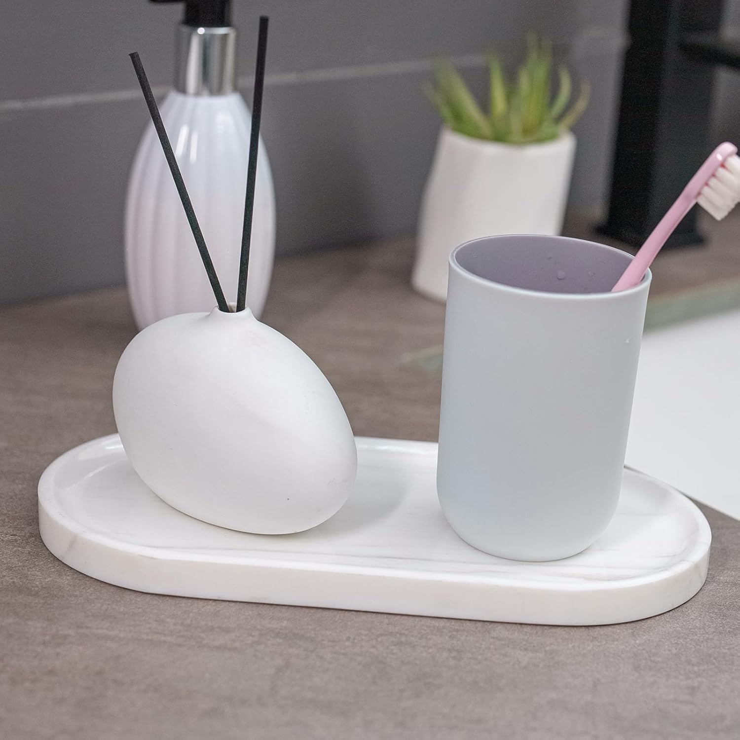 Marble Tray 9.8”x4.7”x0.6”| Oval Stone Tray for Kitchen Counter, Bathroom Vanity & Jewelry Organization – Natural Durable Marble Design (Star White)‌