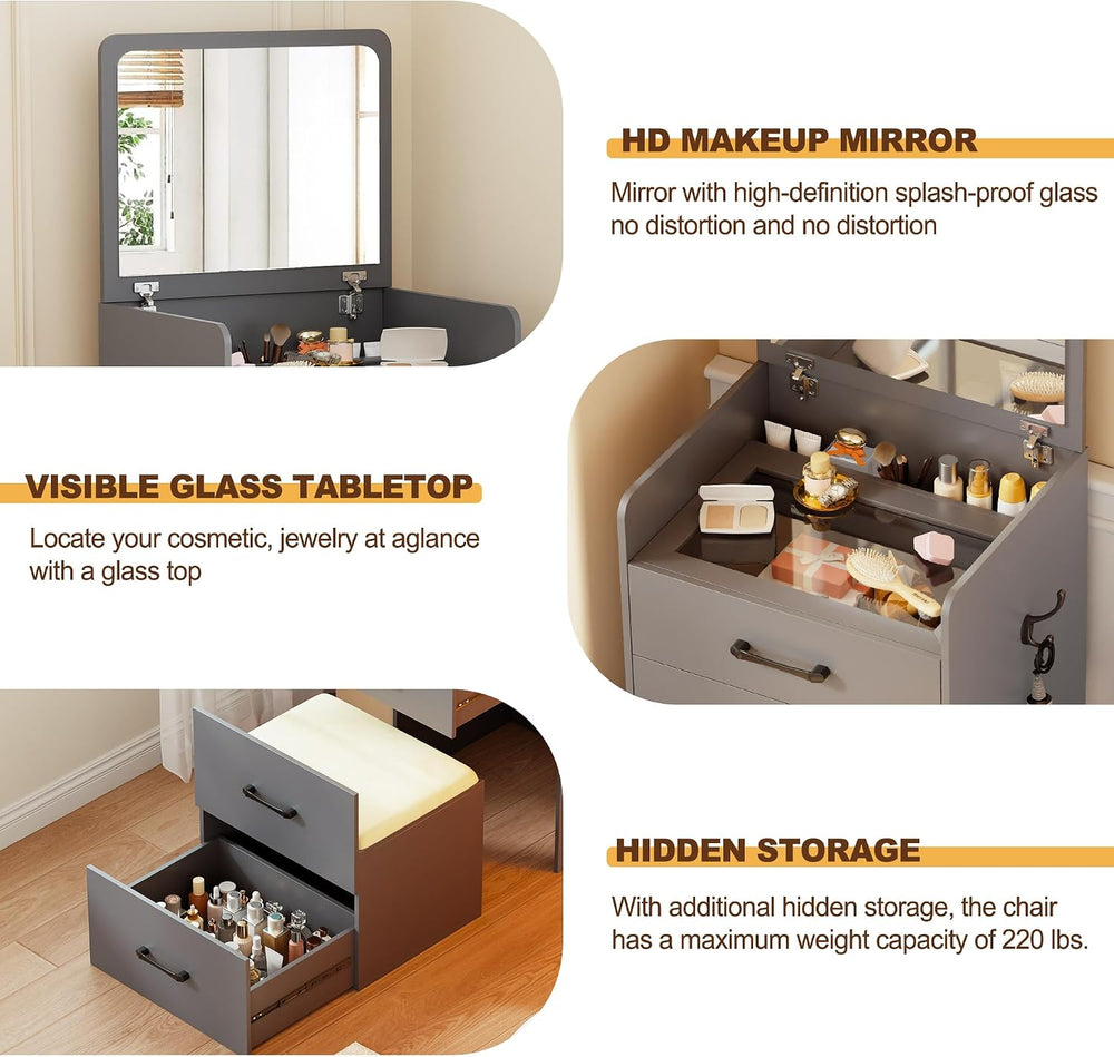 3 in 1 Make Vanity Desk with Flip Top Mirror(Grey) | Glass Top Makeup Vanity ...