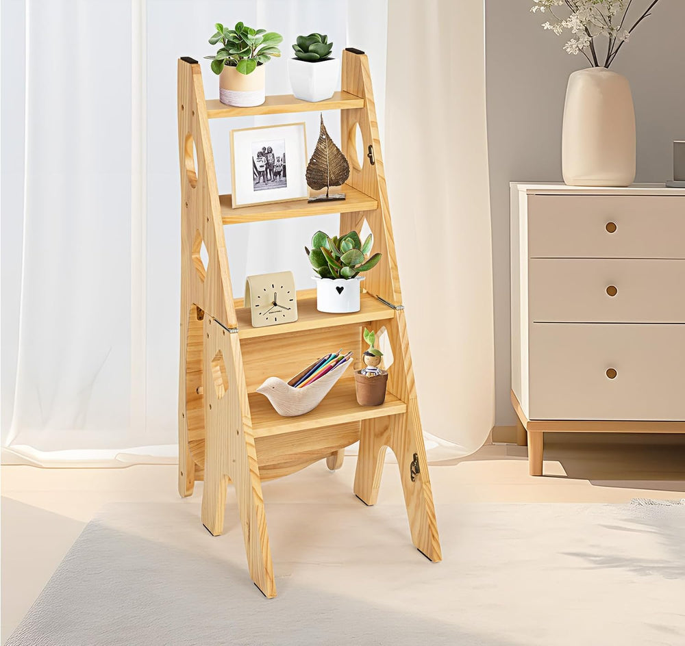 4 Step Foot Stool Chair 3 in 1 Wooden Library Ladder Solid Folding Portable W...