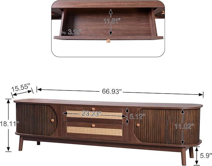 Mid Century Modern TV Stand for TVs up to 75”, Fluted Entertainment Center, Media Console with Tambour Sliding Doors and Rattan-Style Drawers, Walnut Finish Media Console for Living Room