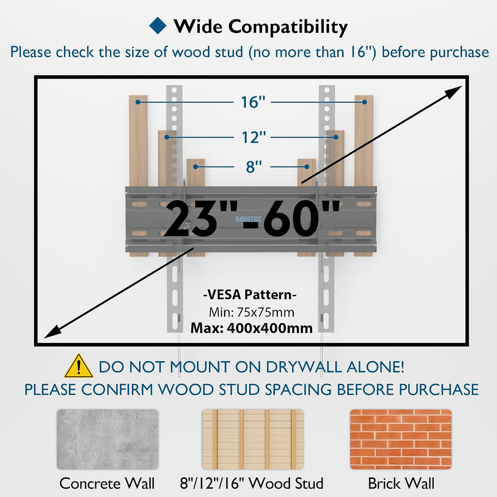 BONTEC TV Wall Mount Tilting for 23-60 inch TVs, Low Profile Design, Max VESA...