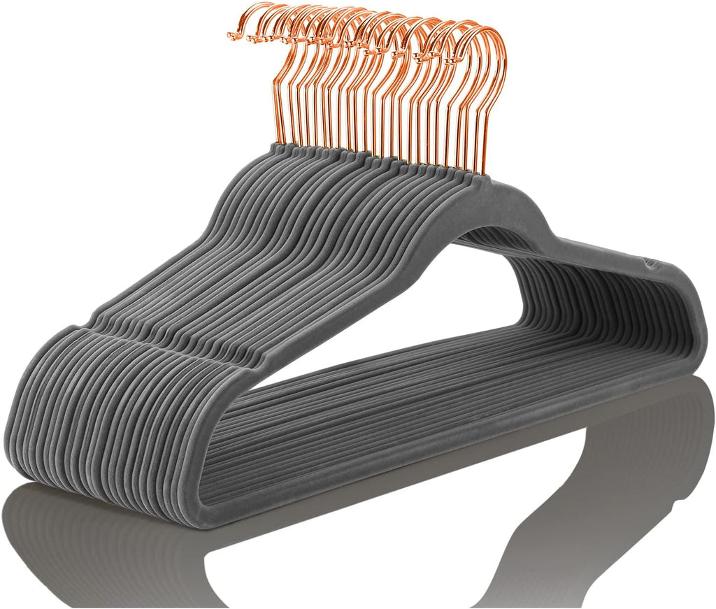 MIZGI Premium Velvet Hangers (50 Pack) Heavy Duty Non Slip Felt Hangers Gray,Rose Gold 360 Degree Swivel Hooks,Space Saving Clothes Hanger,Durable Strong Hanger for Suits,Coats,Pants & Dress