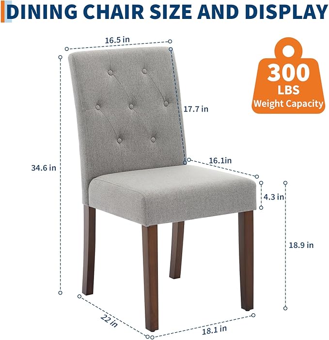 Upholstered Dining Chairs Set of 2, Modern Fabric Kitchen Side Chairs with Sturdy Wood Legs, Parsons Design, Comfortable Soft Linen for Dining Room, Restaurant, Cafe, Gray
