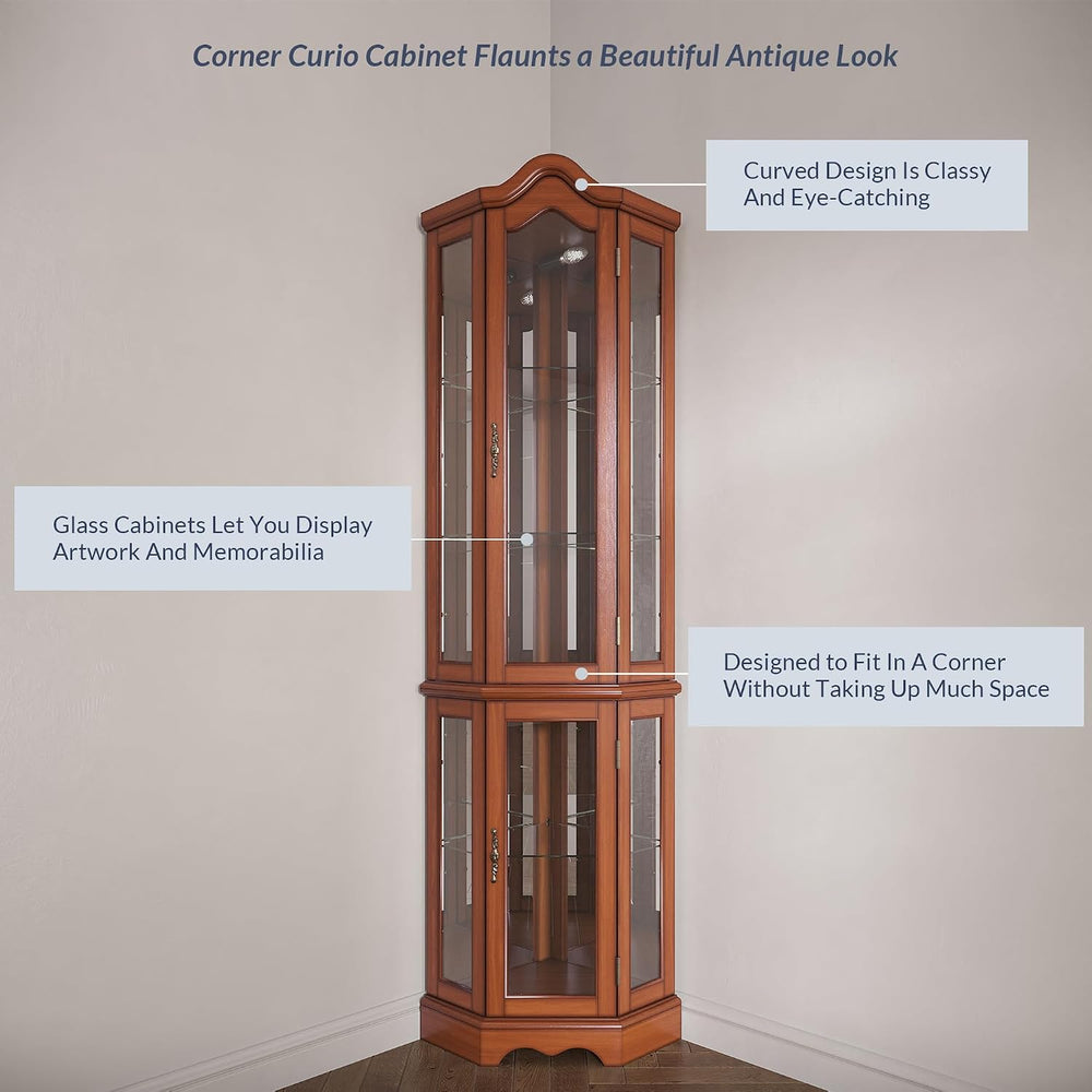 BELLEZE Lighted 3-Side Glass Display Curio Cabinet w/Tempered Glass Doors and...