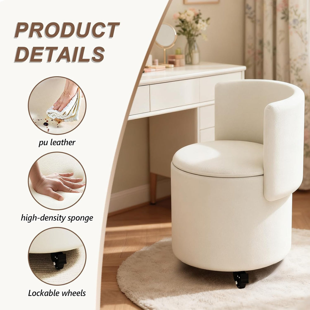 JPBSTO Rolling Round Vanity Chair with Storage, Swivel Makeup Chair with Fold...