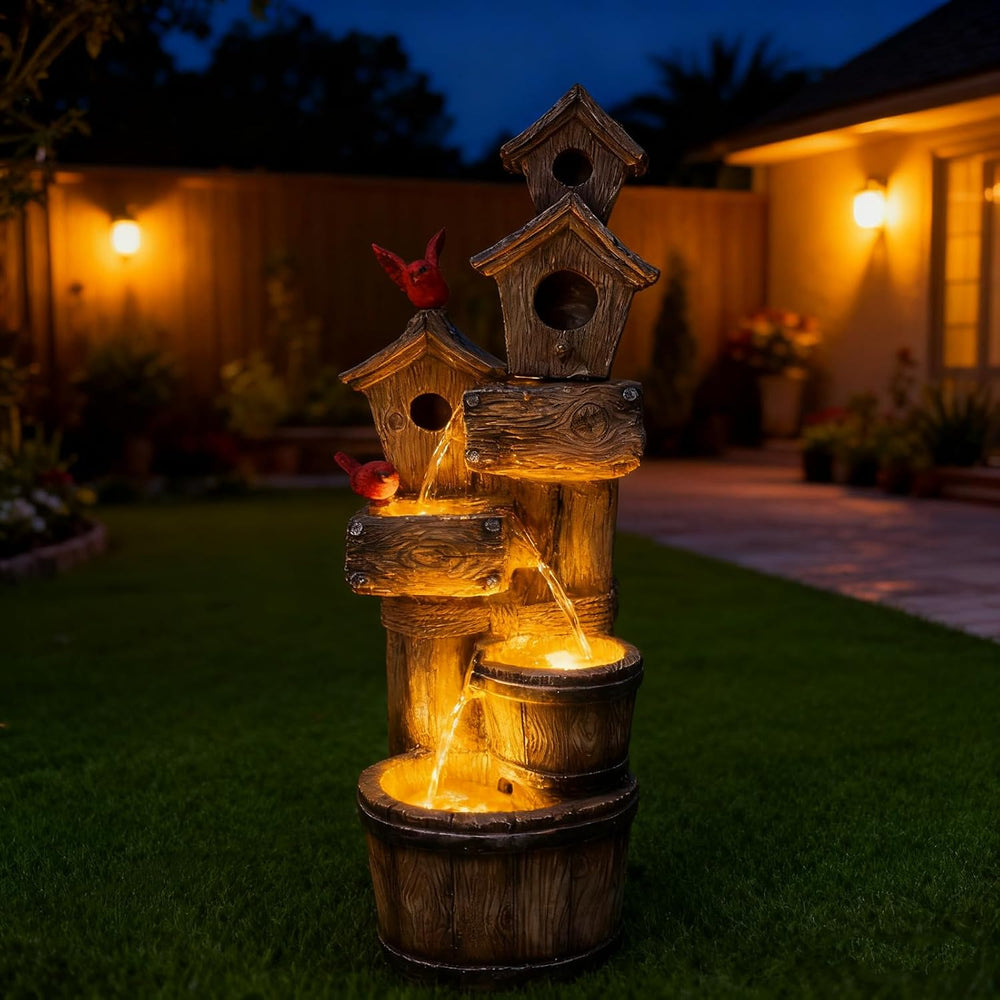 35" Tall Outdoor 4-Tier Birdhouse Floor Standing Water Fountain