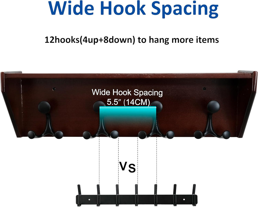 WEBI Wall Shelf with Hooks Underneath,24” Long Wall Mounted Coat Rack with Shelf,Entryway Coat Rack with 4 Triple Hooks for Hanging Coats,Jacket,Hallway,Bedroom,Mudroom,Cherry