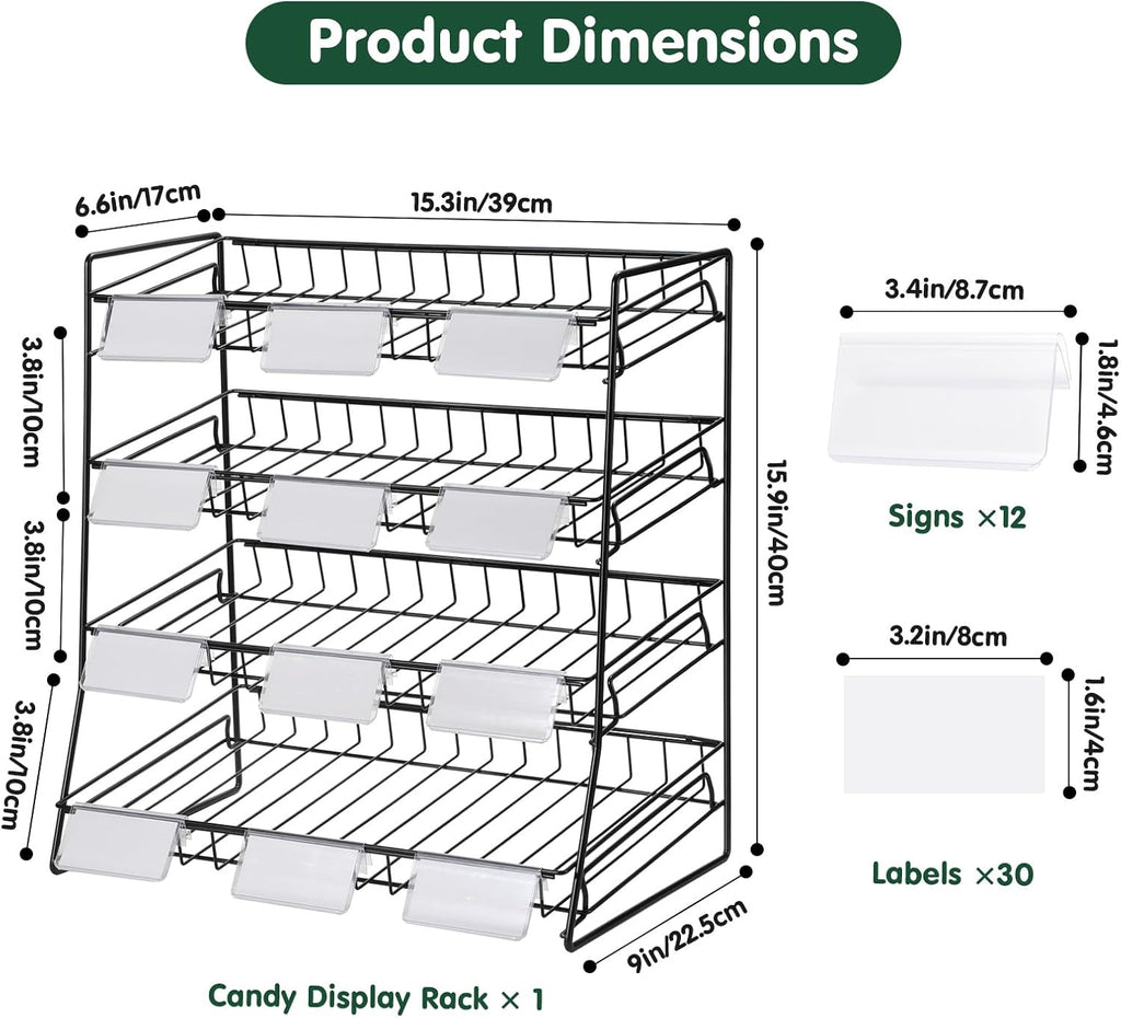 4-Tier Black Stackable Candy Display Rack, Snack Organizer For Countertop, Stores, Offices with 12 Signs and 30 Labels (Black-1 Pack)