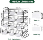 4-Tier Black Stackable Candy Display Rack, Snack Organizer For Countertop, Stores, Offices with 12 Signs and 30 Labels (Black-1 Pack)