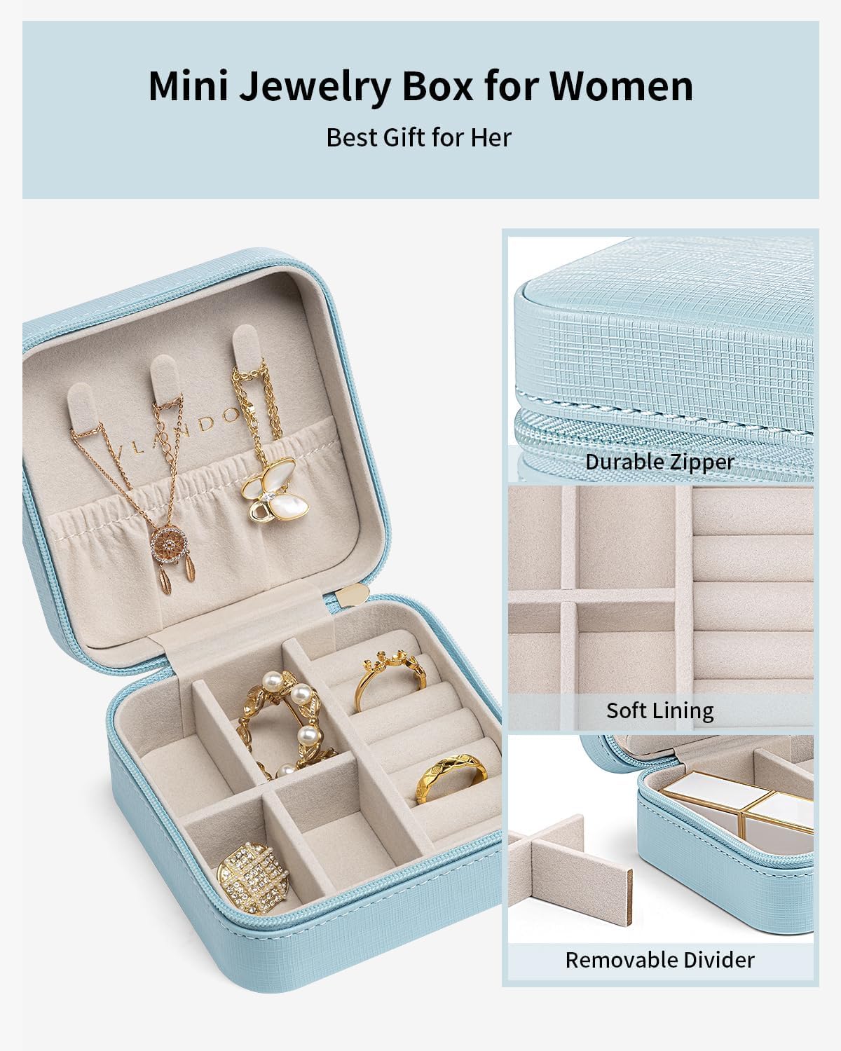 VLANDO Travel Jewelry Case, Compact Design, Necklace Hook, Anti-Tangle | Removable Dividers, Waterproof PU Leather, Scratch-Resistant Lining, Portable Storage for Rings, Earrings, Necklace，Bracelet