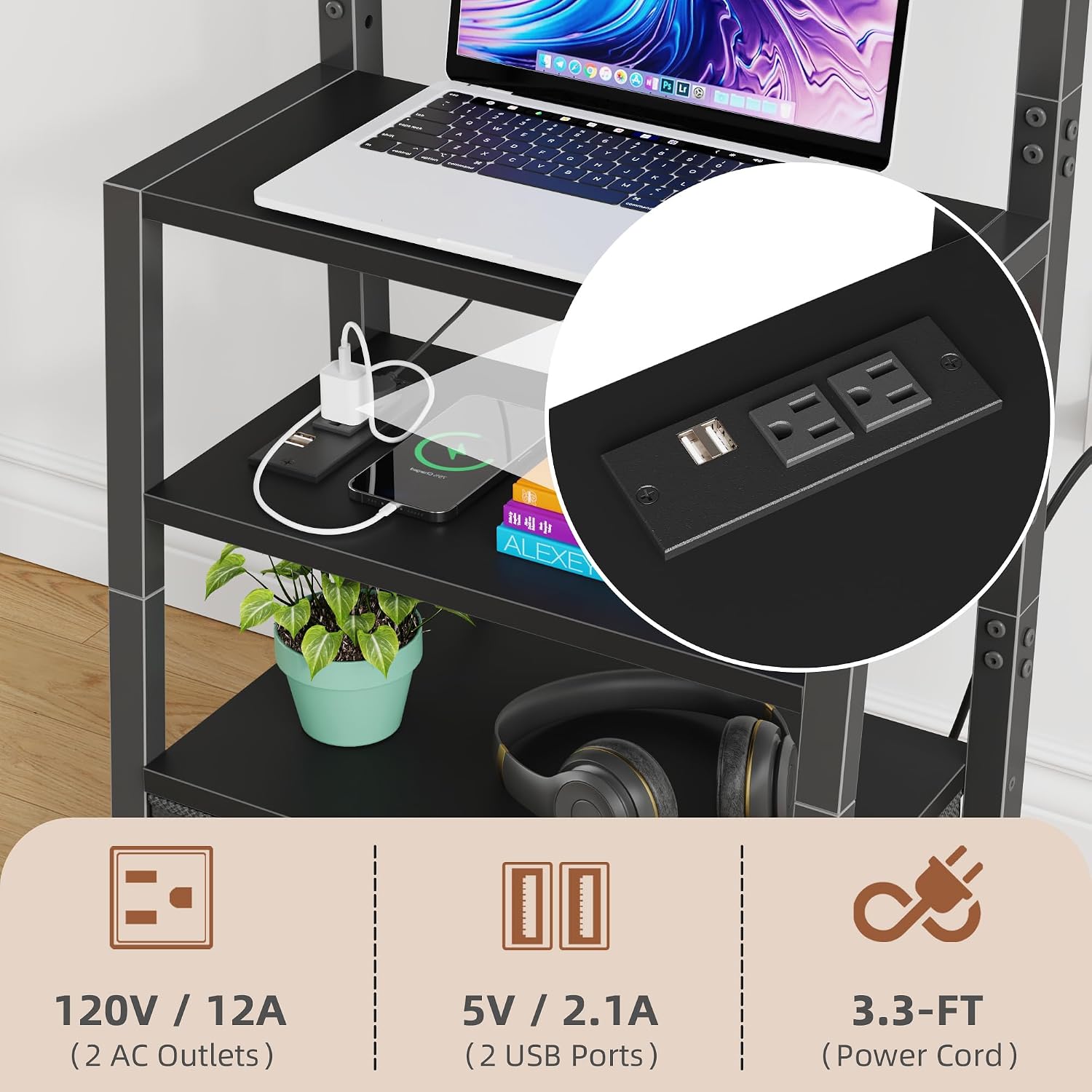 AFLUI Rolling TV Stand with Wheels and Mount & Fabric Drawer - Entertainment Center with Power Outlet and Small TV Stand for Bedroom, Living Room - 15" Black