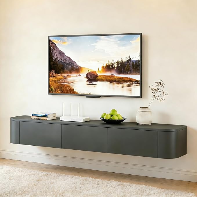 SHGJ&SOFT Floating TV Stand Wall Mounted Media Console with Door Entertainment Centerwith Storage Cabinets, Wall Mounted TV Shelf for Bedroom,Living Room (Black, 55.1IN)